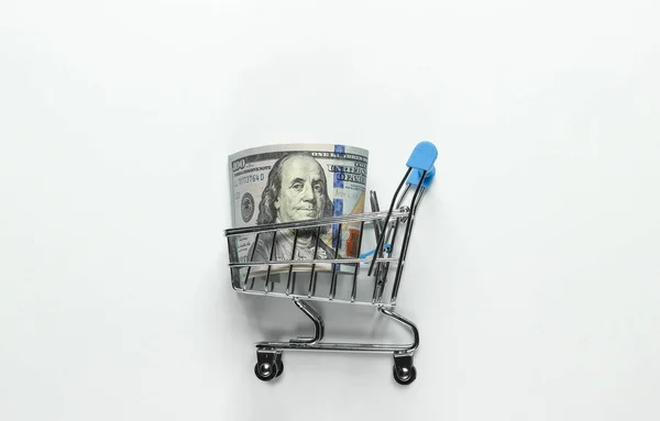 Shopping Trolley Hundred Dollar Bills White Background Shopping Concept — Stock Photo, Image