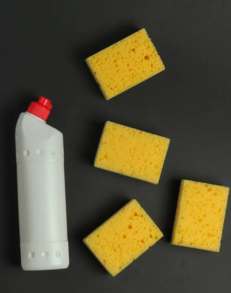 Cleaning Concept Detergent Bottle Sponges Black Background — Stock Photo, Image