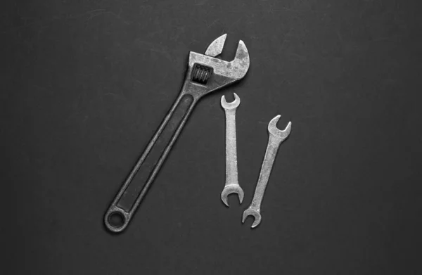 Adjustable Wrench Wrench Black Background Work Tool Top View — Stock Photo, Image