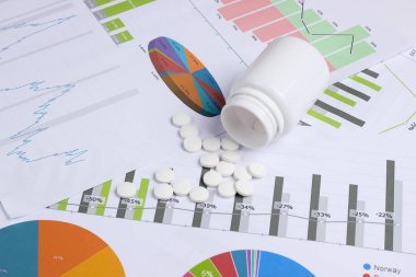 Tıbbi istatistik ve analitik. Grafikleri ve grafikleri olan bir şişe hap..