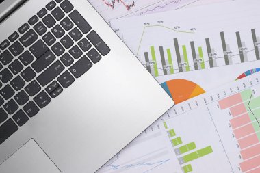 Grafikleri ve çizelgeleri olan bir laptop. İş planı, finansal analiz, istatistik. Üst görünüm