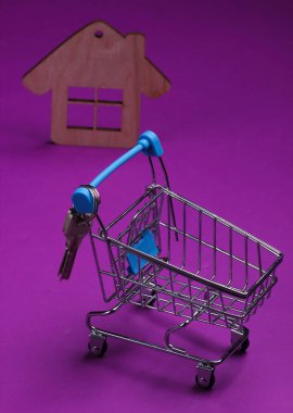 Bir ev almak, minyatür bir hayat. Mor arka planda ev figürlü alışveriş arabası..