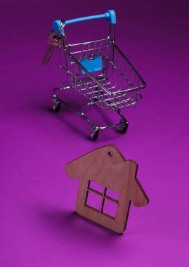Bir ev almak, minyatür bir hayat. Mor arka planda ev figürlü alışveriş arabası..