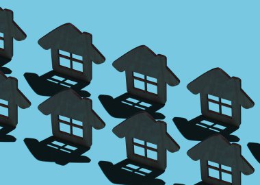 Birçok Mini ev figürleri mavi arka planda gölgeli