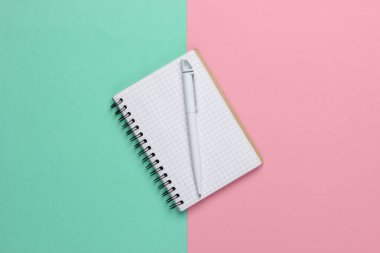 Pembe-mavi pastel arka planda kalemli defter. Üst görünüm