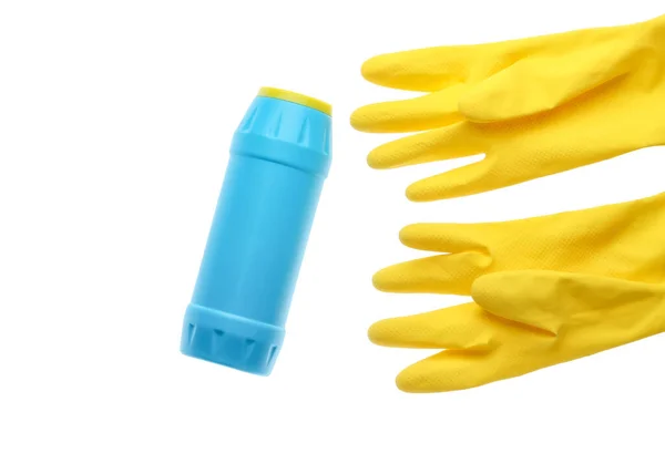 Gele Rubberen Handschoenen Voor Reiniging Fles Wasmiddel Geïsoleerd Witte Achtergrond — Stockfoto