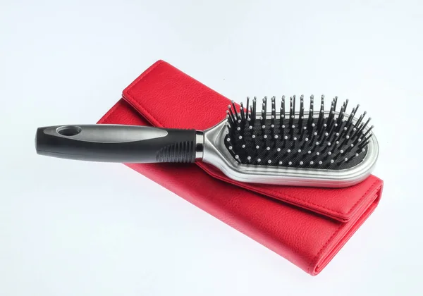 Leather Purse Hair Brush Isolated White Background Women Accessories — Stock Photo, Image