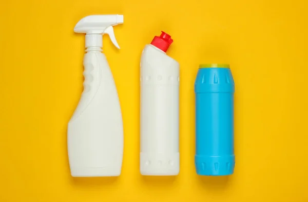 Bottles Cleaning Yellow Background Top View Minimalism — Stock Photo, Image