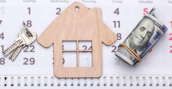 Betaling Van Huur Voor Huisvesting Mini Huis Beeldje Dollarbiljetten Kalender — Stockfoto