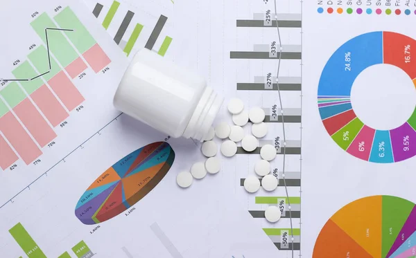 Medical statistics and analytics. Bottle of pills with graphs and charts.