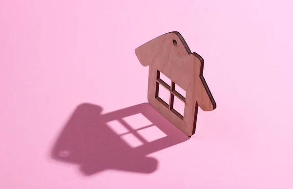 Mini House Figure Pink Pastel Background Studio Shot Shadow — Stock Photo, Image