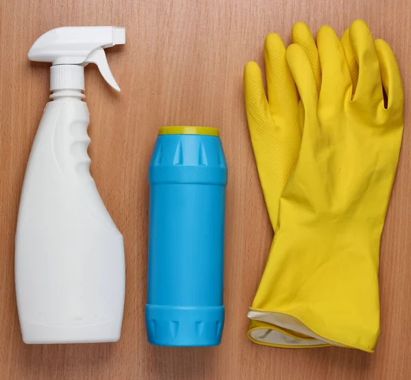 Cleaning Products Office Desk Top View — Stock Photo, Image