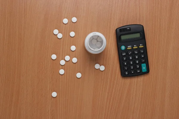 Fles Pillen Rekenmachine Het Bureau Bovenaanzicht — Stockfoto