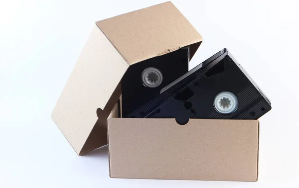 Cardboard Box Video Cassettes White Background — Stock Photo, Image