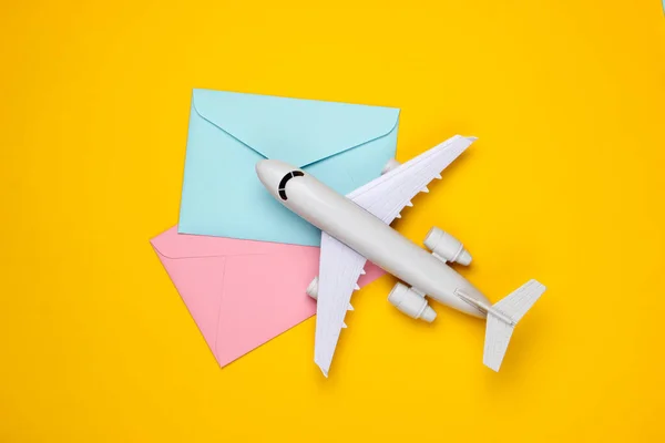 Air Mail Air Delivery Flat Lay Composition Airplane Figure Envelopes — Stock Photo, Image