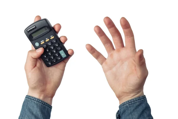 Zangado Mãos Masculinas Considerar Calculadora Isolada Fundo Branco — Fotografia de Stock