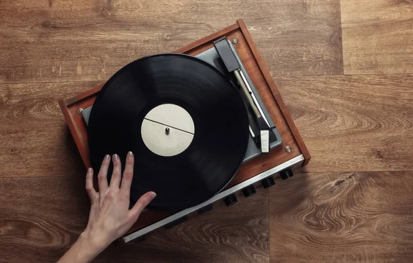 Female Hands Set Retro Vinyl Record Player Wooden Floor Music — Stock Photo, Image