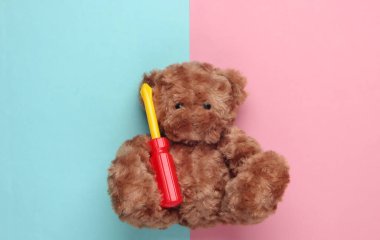 Oyuncak ayıcığın elinde mavi pembe renkli bir tornavida var. Tamir konsepti. Üst görünüm
