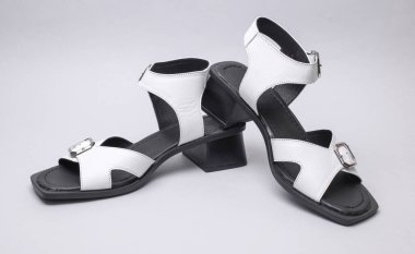 Women's leather sandals on gray background