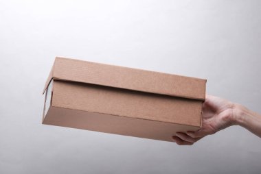 Female hands holding craft cardboard shoe box on grey background