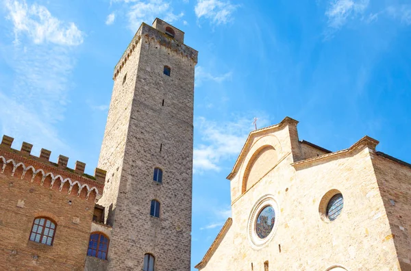 San Giminiano Italy Upward View Cathedral Facade Medieval Tower Duomo — стоковое фото