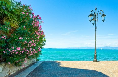 İtalya, Garda Gölü, Lasize, bir sokak lambası ve çiçeklerbir göl kıyısında