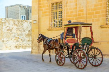 Mdina, Malta - 4 Şubat 2017: St Paul Katedrali alanı turistler için bir vagon