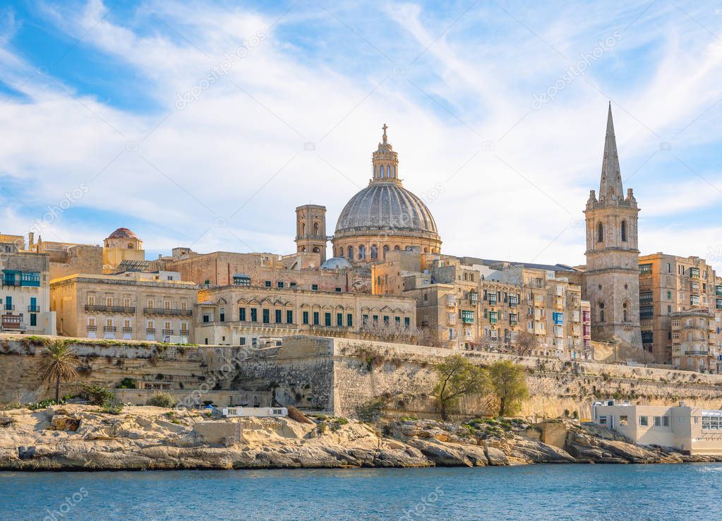 Malta, Valletta, the ancient architectures of the city seen from the sea