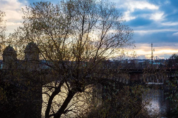 Praga República Checa Vista Para Cidade Rio Moldava Pôr Sol — Fotografia de Stock