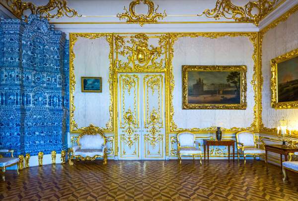 Pushkin Tsarkoje Selo, Russia - July 9, 2013: Surroundings of St. Petersburg, the beautiful interiors of the Catherine Palace