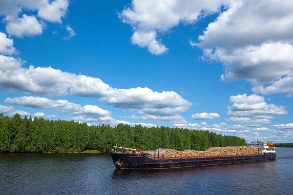 Russia, Karelia region, a cargo ship with big logs tree on the Svir river, near Mandrogi village