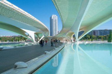 Valencia, İspanya - Octuber 15, 2016: Şehir Sanat ve Bilimler Calatrava mimar tarafından. Farklı alanlara bağlanan köprü altında ziyaretçi