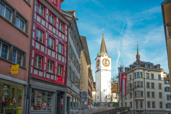 St.Gallen, Switzerland - December 12, 2015: The St. Mangen church seen from the city center