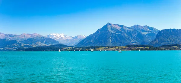 Suíça Vista Para Lago Thun Com Alpes Suíços Segundo Plano — Fotografia de Stock