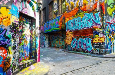 Melbourne, Avustralya - 9 Ekim 2014: Duvar grafiti şehir merkezinde ünlü Hosier şeritte
