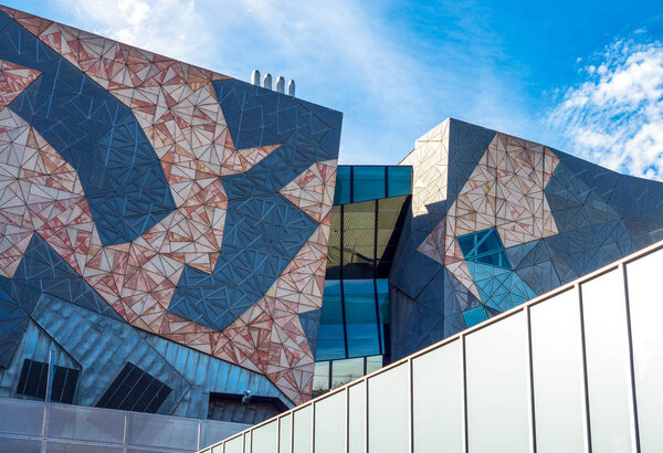 Melbourne, Australia - October 9, 2014: upvard view of the modern architectures of Federation square