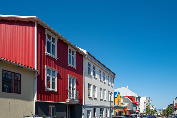 Reykiavik, Iceland, traditional and colorful houses in Skolavorou street