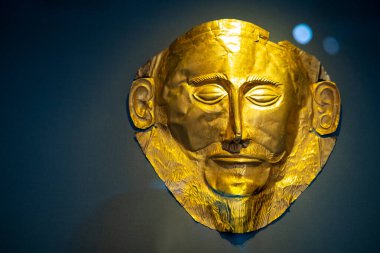 Atina, Yunanistan - 16 Mart 2018: Agamemnon 'un Ulusal Arkeoloji Müzesindeki Altın Cenaze Maskesi