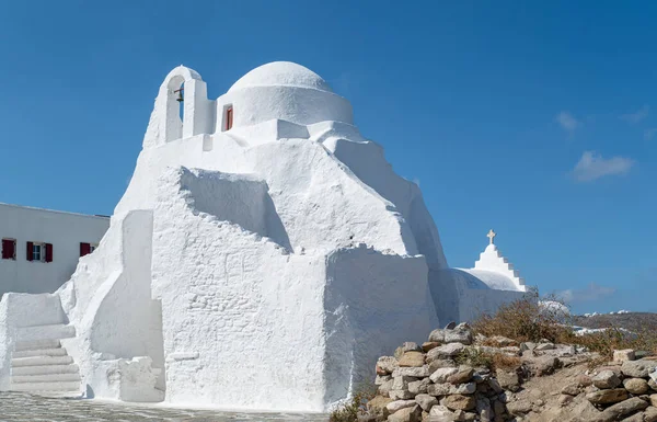 Grécia Mykonos Chora Igreja Ortodoxa Panagia Paraportiani Frente Mar Kastro — Fotografia de Stock