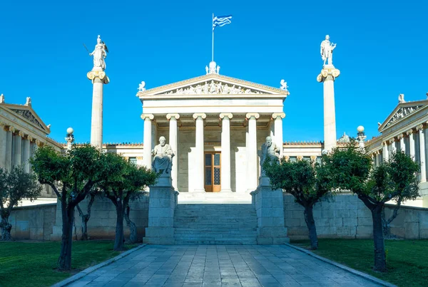 Grecia Atenas Entrada Principal Academia Atenas Con Estatuas Filósofos Dioses —  Fotos de Stock