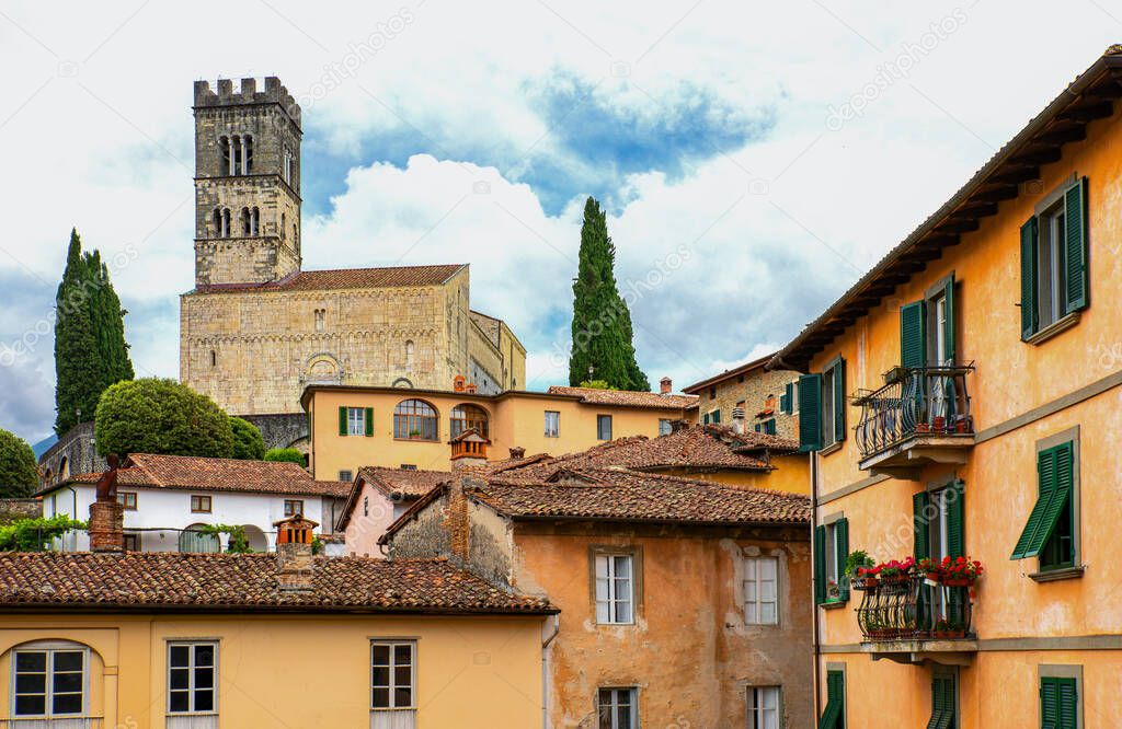 Italy, Barga, view of the town with the Cathedral of Saint Christopher (Collegiata di San Cristoforo) in the background