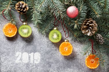Noel ağacı meyve kivi ve clementine ile dekore edilmiştir. Sağlıklı gıda ve beslenme. Noel kararlar hakkında sağlıklı bir yaşam tarzı. Yeni eğilimleri ve potansiyel bir sağlıklı yaşam ve beslenme.