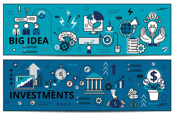 Dos Pancartas Horizontales Sobre Temas Negocios Estilo Moderno Línea Plana — Vector de stock