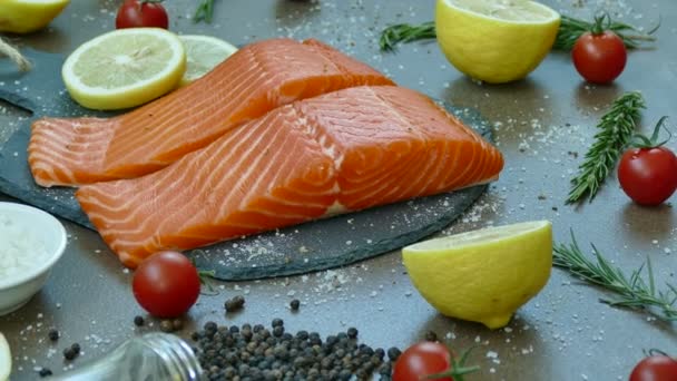Fresh Raw Salmon Fillet Ingredients Cooking — Stock Video