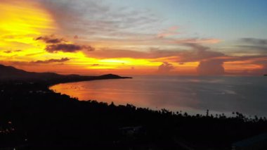 dalgalar deniz, palmiye ağaçları ve dramatik gökyüzü günbatımı görünümünü