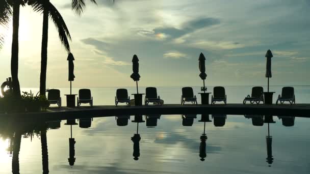 Yüzme Havuzu Plaj Şemsiyeleri Palmiye Ağaçları Dramatik Gökyüzü Günbatımı Manzarası — Stok video