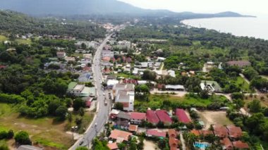 yeşil ağaçların üzerinden yolu boyunca sürüş araba havadan görünümü