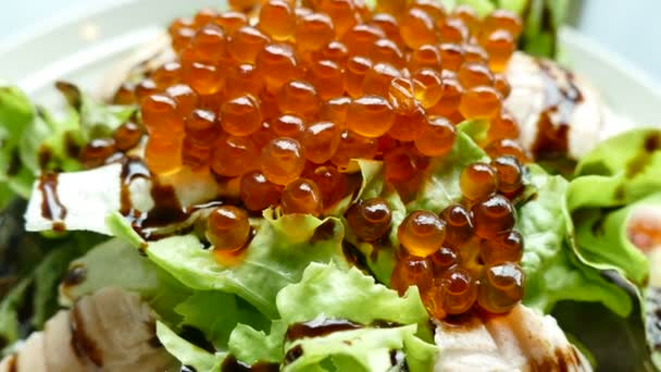 Delicious Salmon Tartare Red Caviar Plate — Stock Video