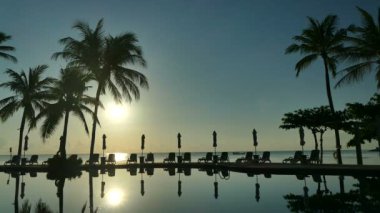 Yüzme Havuzu, plaj şemsiyeleri ve yemyeşil tropik bitki örtüsü gün batımı görünümü 