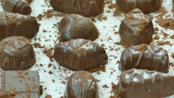 Primer Plano Deliciosos Chocolates Caseros Con Cacao Polvo — Vídeos de Stock
